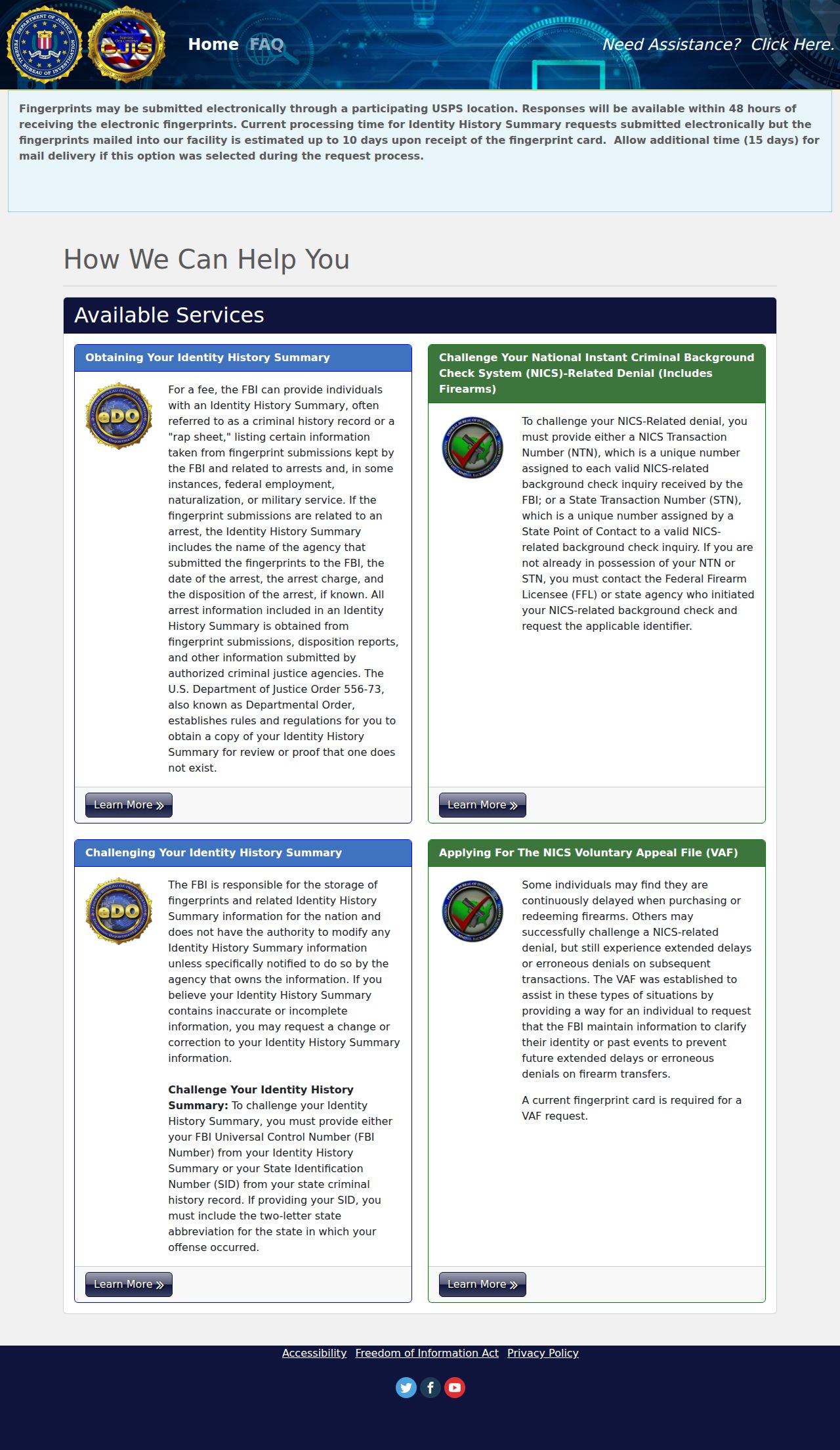 FBI electronic portal for a personal identity history request