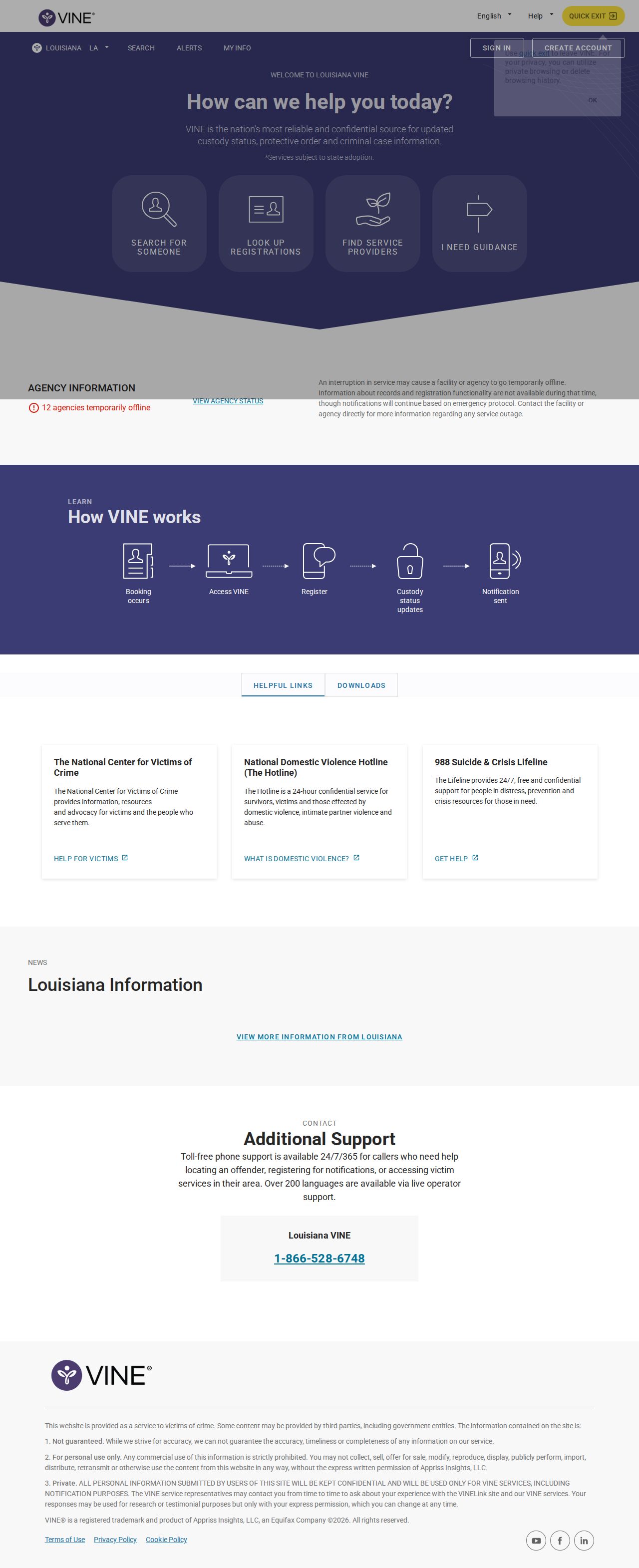 Louisiana custody search and notification through VINELink