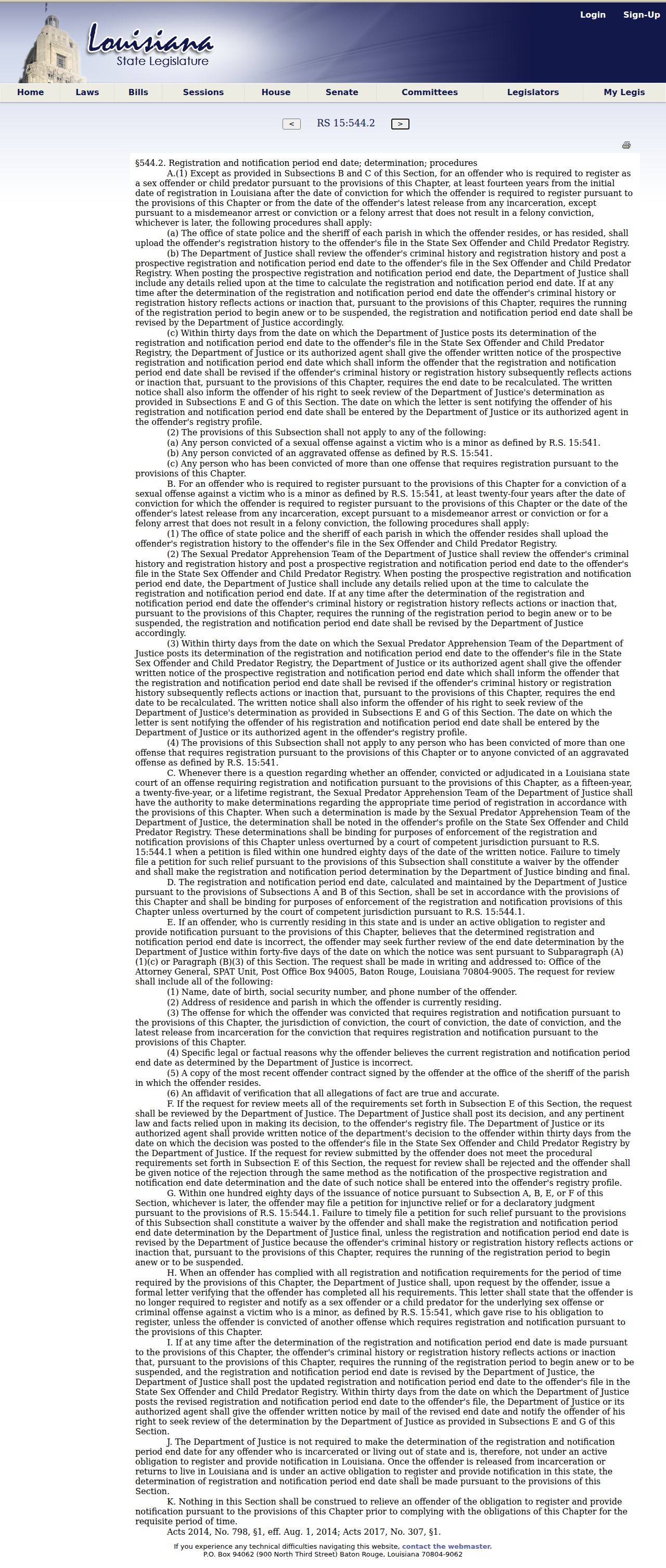 Madison Parish sex offender registry end date determination law